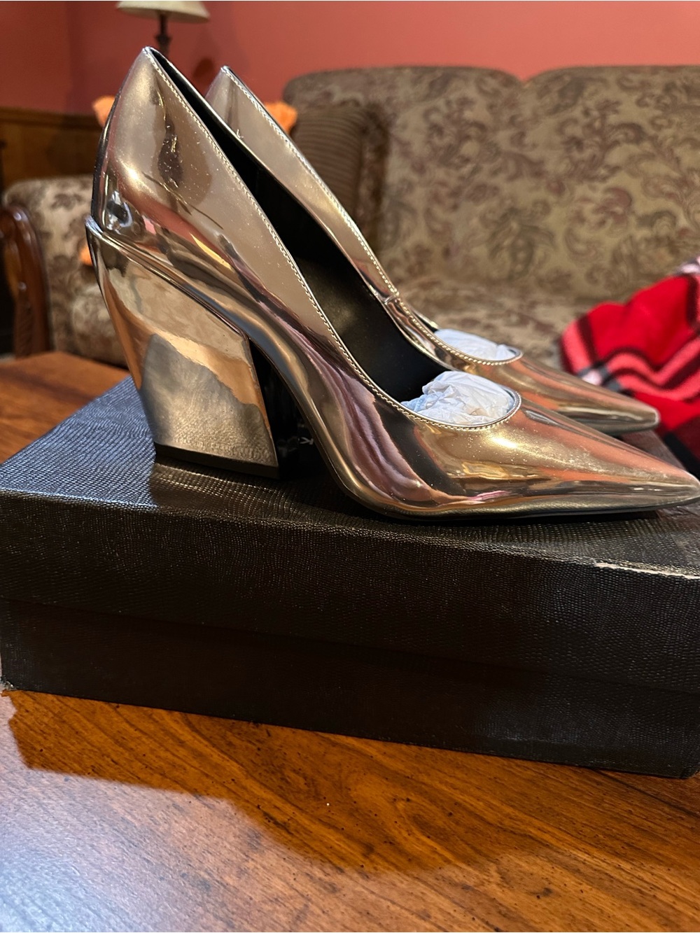 Rebecca Minkoff Metallic Mirror Silver Pointed Block-Heel Pumps